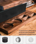 Close-up of Badass Two Tier Coffee Bean Cellar With Built In Hopper And One Way Exhaust Valve For Fresh Single Dose Roasts showing wood storage base.