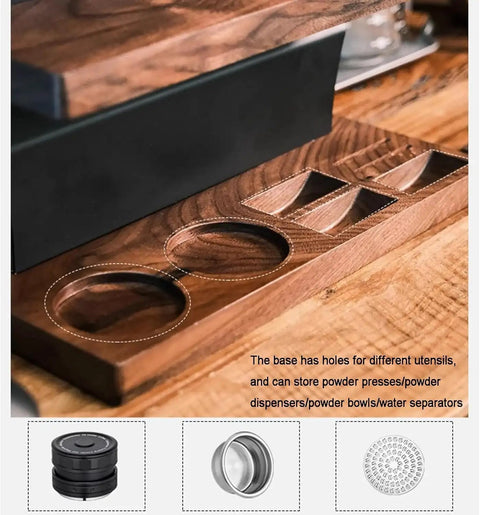 Double Tier Coffee Bean Storage Rack With Airtight Sealed Jars And One Way Valves Includes Twelve Precision Dosing Tubes showing walnut wood base with utensil holes.