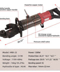 Powerhouse 1200W Electric Hydraulic Rebar Bender Tool For Seven Eighths Inch Rebar Up To 90 Degree Bends with dimensions labeled