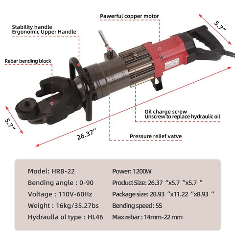 Powerhouse 1200W Electric Hydraulic Rebar Bender Tool For Seven Eighths Inch Rebar Up To 90 Degree Bends with dimensions labeled