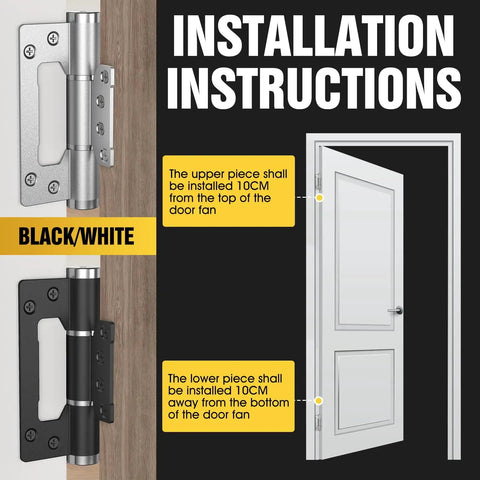 Installation instructions for 5 Pack Non-Mortise Door Hinges With Automatic Closing, Spring Hinge, Hydraulic Buffer, shown on a white door.