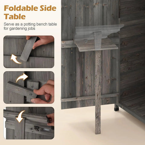 Outdoor Wooden Storage Shed With Tall Vertical Tool Cabinet Folding Table And Removable Shelves For Your Patio Deck Backyard And Lawn Grey Finish 30x20x70 Inches showing foldable side table in use.