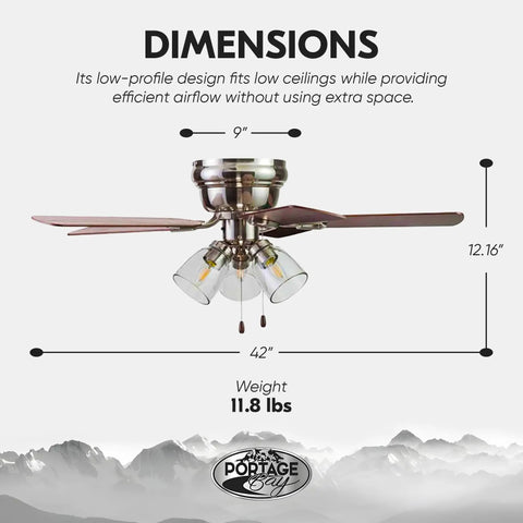 42 Inch Brushed Nickel Ceiling Fan With LED Light Kit Quiet Indoor Cooling For Rooms Up To 350 Sq Ft 3 Speeds 5 Reversible Blades
