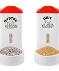 Heavy Duty 2 Pack Poultry Grit And Oyster Shell Feeder With Clear Viewing Window And Quick Drainage Holes, plastic with oyster and grit.
