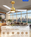 42 Inch Gold Ceiling Fan With Lights And Remote, displayed in modern living room with city view, 6 speed reversible quiet DC motor, LED.