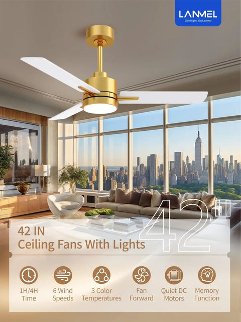 42 Inch Gold Ceiling Fan With Lights And Remote, displayed in modern living room with city view, 6 speed reversible quiet DC motor, LED.