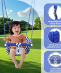 Toddler Swing Seat With Heavy Duty Canvas Adjustable Rope And Safety Harness, blue seat, child in swing, outdoor setting