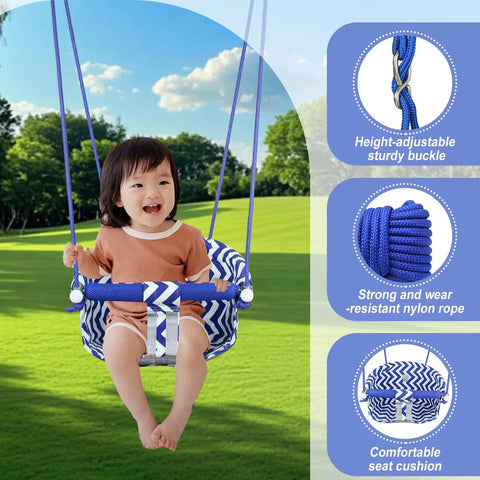 Toddler Swing Seat With Heavy Duty Canvas Adjustable Rope And Safety Harness, blue seat, child in swing, outdoor setting