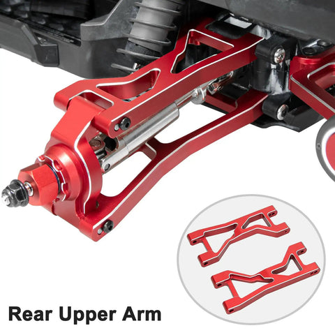 Close-up of red rear upper arm from Beefy Aluminum RC Suspension Arms Kit For 1 Sixteenth Mini XRT Monster Truck Upgrade Front Rear Upper And Lower Arms In Red High Strength Alloy For Stiffer Handling And Fully Adjustable Suspension Geometry