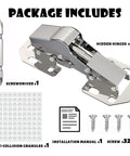 Upgraded Soft Close Surface Mount Hinges For Frameless Kitchen Cabinets, 90 Degree Concealed Door Hardware With No Sweat Setup And Extra Rubber Bumpers, Four Pack Total Game Changer - package contents with screws, screwdriver, manual, and anti-collision granules.