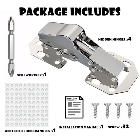Upgraded Soft Close Surface Mount Hinges For Frameless Kitchen Cabinets, 90 Degree Concealed Door Hardware With No Sweat Setup And Extra Rubber Bumpers, Four Pack Total Game Changer - package contents with screws, screwdriver, manual, and anti-collision granules.