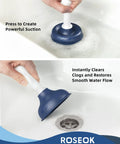 Heavy Duty Mini Sink Plunger With Short Handle Creates Solid Suction To Rip Through Stubborn Clogs Right Away In Kitchen Bathtubs And Floor Drains, navy rubber pressing against drain.