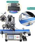 Automatic Flat Labeling Machine With High Speed Printer Desktop Conveyor Labeler Touchscreen Control 110V showing roller and label smoothing brush.