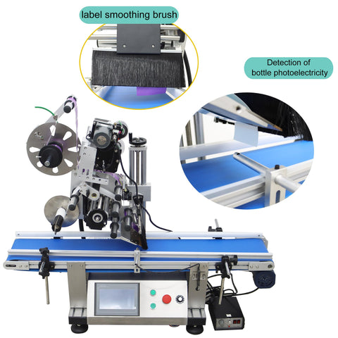 Automatic Flat Labeling Machine With High Speed Printer Desktop Conveyor Labeler Touchscreen Control 110V showing roller and label smoothing brush.