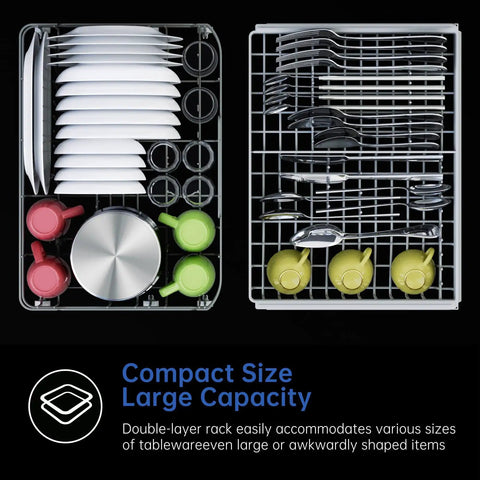 Space Saving Countertop Dishwasher Featuring Built In Water Tank And Big Kid Capacity For Cramped Kitchens showing a double-layer rack with plates, cups, and utensils.