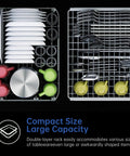 Slim Countertop Dishwasher Featuring Built In Water Tank Expanded Interior Holds Heavy Pots Hassle Free Plumbing with dishes and cups loaded.