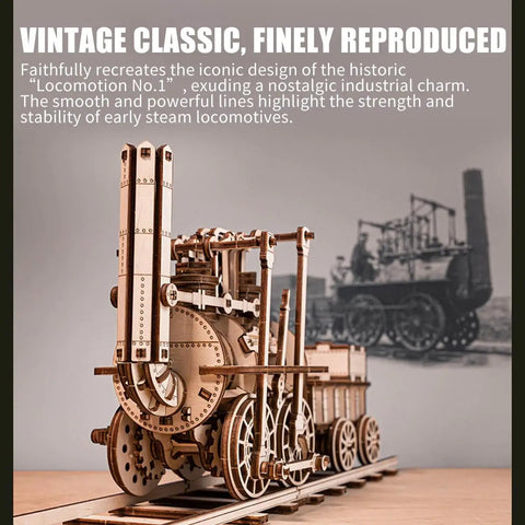 3D Steam Train Model Kit For Adults And Teens DIY Wood Puzzle Set With Vintage Locomotive No 1 Design Educational STEM Toy Collectors Display Birch Wood Construction 325 Piece Build, front view