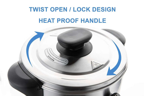 Lid of Commercial Grade 50 Cup Percolator Coffee Maker And Hot Water Urn In Stainless Steel 8 Liter showing twist lock design