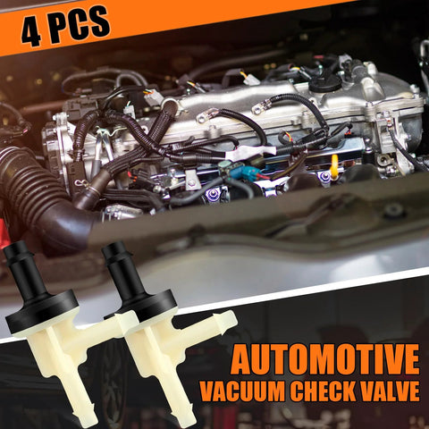 Front view of engine bay showing four plastic automotive vacuum check valves (cream body, black tops)
