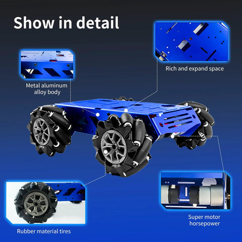 XiaoR Geek robot chassis with blue metal body, 97mm Mecanum wheels, encoder motor