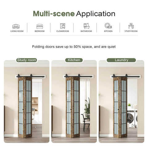 Preassembled Bifold Barn Door Set 32 by 84 Inches With Double 16 by 84 Panels Solid Wood and Grid Glass Includes Hardware Kit