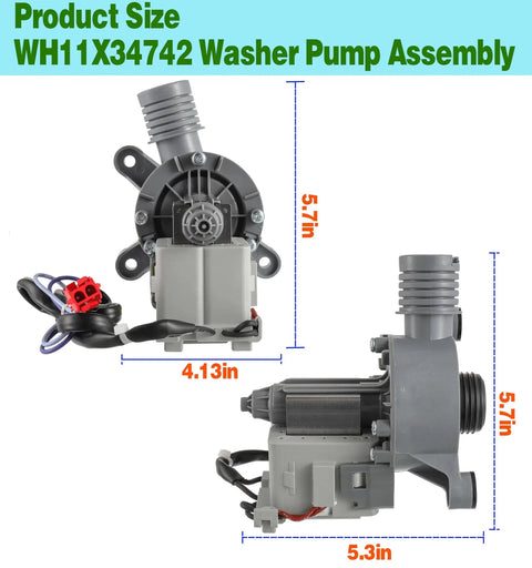 Upgraded Washer Drain Pump Assembly WH11X34742 For Frigidaire FFTW4120SW Washing Machine gray pump, 5.7 x 5.3 in