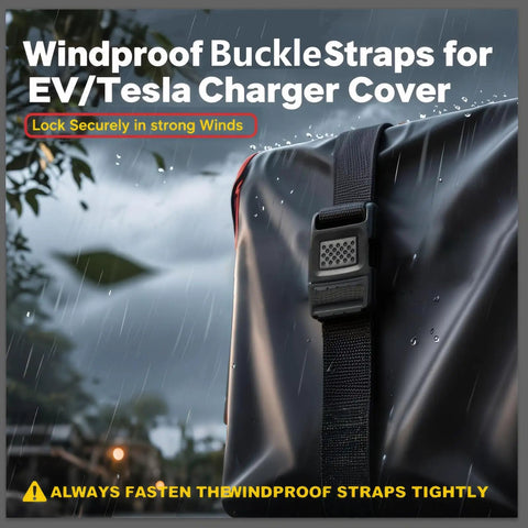 Heavy Duty EV Charger Cover For Tesla Wall Connector And Level 2 Plug With Rock Solid Buckle Straps to secure against strong winds.