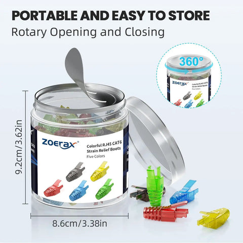 Container of Cat5e And Cat6 RJ45 Pass Through Connectors With Strain Relief Boots 100 Pack, multicolor, with open lid.