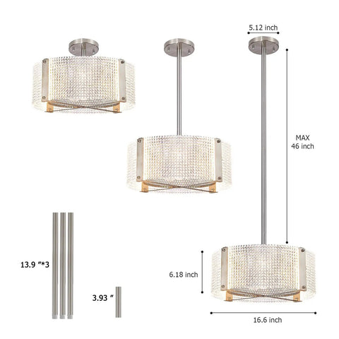 Dimmable Crystal Ceiling Fan With Remote Light Fandelier showing adjustable pendant bars and chandelier dimensions