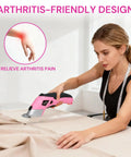 Woman using pink Cordless Electric Scissors For Cardboard And Fabric With Two Blade Types, Rechargeable Power Shears for textile.