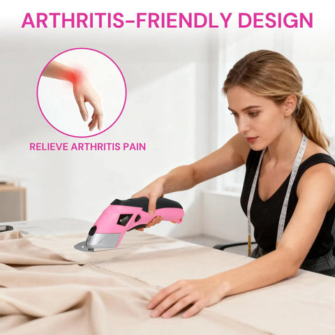 Woman using pink Cordless Electric Scissors For Cardboard And Fabric With Two Blade Types, Rechargeable Power Shears for textile.