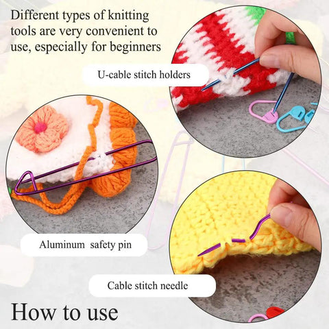19 Piece Knitting Cable Stitch Holders Set With Aluminum Cable Needles Bent Tapestry Needles And Safety Pins For Yarn Crochet And Sewing Projects Includes U Cable Stitch Holders Stitch Markers Must Have Handy Accessories For Yarn Lovers showing usage example on yarn projects.