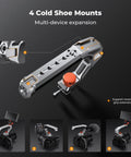 Dual Mount Camera Top Handle With NATO Clamp And ARRI Locating Pins shown with four cold shoe mounts on camera setups