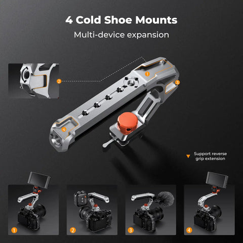 Dual Mount Camera Top Handle With NATO Clamp And ARRI Locating Pins shown with four cold shoe mounts on camera setups