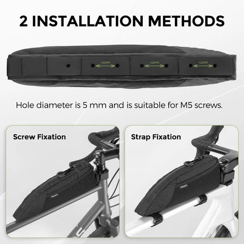 Top Tube Bike Bag For Cycling Dope 1L Frame Storage Waterproof Bikepacking Bag showing installation with screws and straps on bike