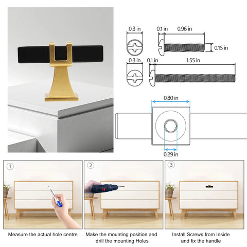 Two Pack Square Black And Gold T Bar Cabinet Handles Stainless Steel installation guide and dimensions