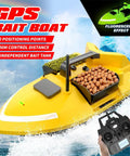 Glow In The Dark RC Bait Boat With GPS Autopilot Dual Motors 12000mAh Battery Long Range 546 Yards Triple Bin 4.4 Lbs Capacity Fluorescence Effect For Night Fishing shown on water with remote control.