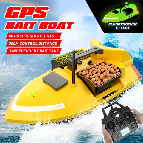 Glow In The Dark RC Bait Boat With GPS Autopilot Dual Motors 12000mAh Battery Long Range 546 Yards Triple Bin 4.4 Lbs Capacity Fluorescence Effect For Night Fishing shown on water with remote control.