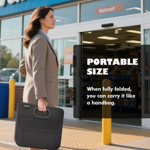 Woman holding Trunk Organizer For Your Car Storage Foldable And Waterproof With Reinforced Handles Multi Compartment Design Collapsible
