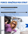 Rock Solid 20 Inch Gas Struts Deliver A Smooth 15 Pound Lift Force Perfect For Rv Doors Trailers Toolbox Lids And Truck Beds Work Like A Charm Heavy Duty 2 Pack Set showing extended and compressed lengths with a user in an RV.