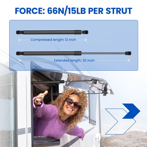 Rock Solid 20 Inch Gas Struts Deliver A Smooth 15 Pound Lift Force Perfect For Rv Doors Trailers Toolbox Lids And Truck Beds Work Like A Charm Heavy Duty 2 Pack Set showing extended and compressed lengths with a user in an RV.