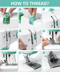 Mini Electric Sewing Machine With Extension Table And 56 Accessory Pieces, 12 Built In Stitches For Beginners threading guide with step-by-step images.