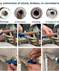Beefy Heavy Duty Pipe Extractor And Screw Extractor Set For Pipe Wrench And Faucet Removal used on rusted pipe in repair process.