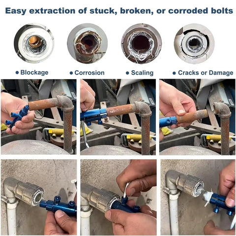 Beefy Heavy Duty Pipe Extractor And Screw Extractor Set For Pipe Wrench And Faucet Removal used on rusted pipe in repair process.