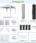 Package includes 10x10 Pop Up Canopy With Sidewalls For Events And Camping, frame, carry bag, window sidewalls, sandbags, white.