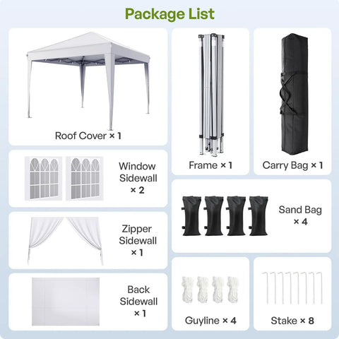 Package includes 10x10 Pop Up Canopy With Sidewalls For Events And Camping, frame, carry bag, window sidewalls, sandbags, white.
