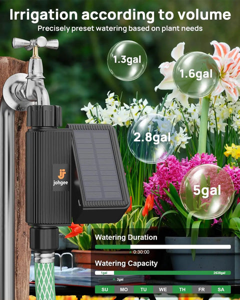 Solar Powered WiFi Sprinkler Timer With Rain Delay Manual And Automatic Modes, USB C Backup Charging, watering capacity display