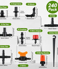 240 Piece Drip Irrigation Kit For Quarter Inch Tubing Includes Misting Nozzles Drippers Stakes Tees Elbows Plugs And More