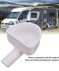 Wide Mouth RV Water Inlet Funnel With Rotating Lock for Easy Fresh Water Tank Fill next to motorhome landscape
