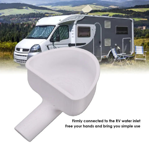 Wide Mouth RV Water Inlet Funnel With Rotating Lock for Easy Fresh Water Tank Fill next to motorhome landscape